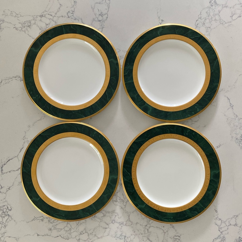 Noritake Fitzgerald | Set of 4 Bone China Salad Plates (Marbled Green/Gold)